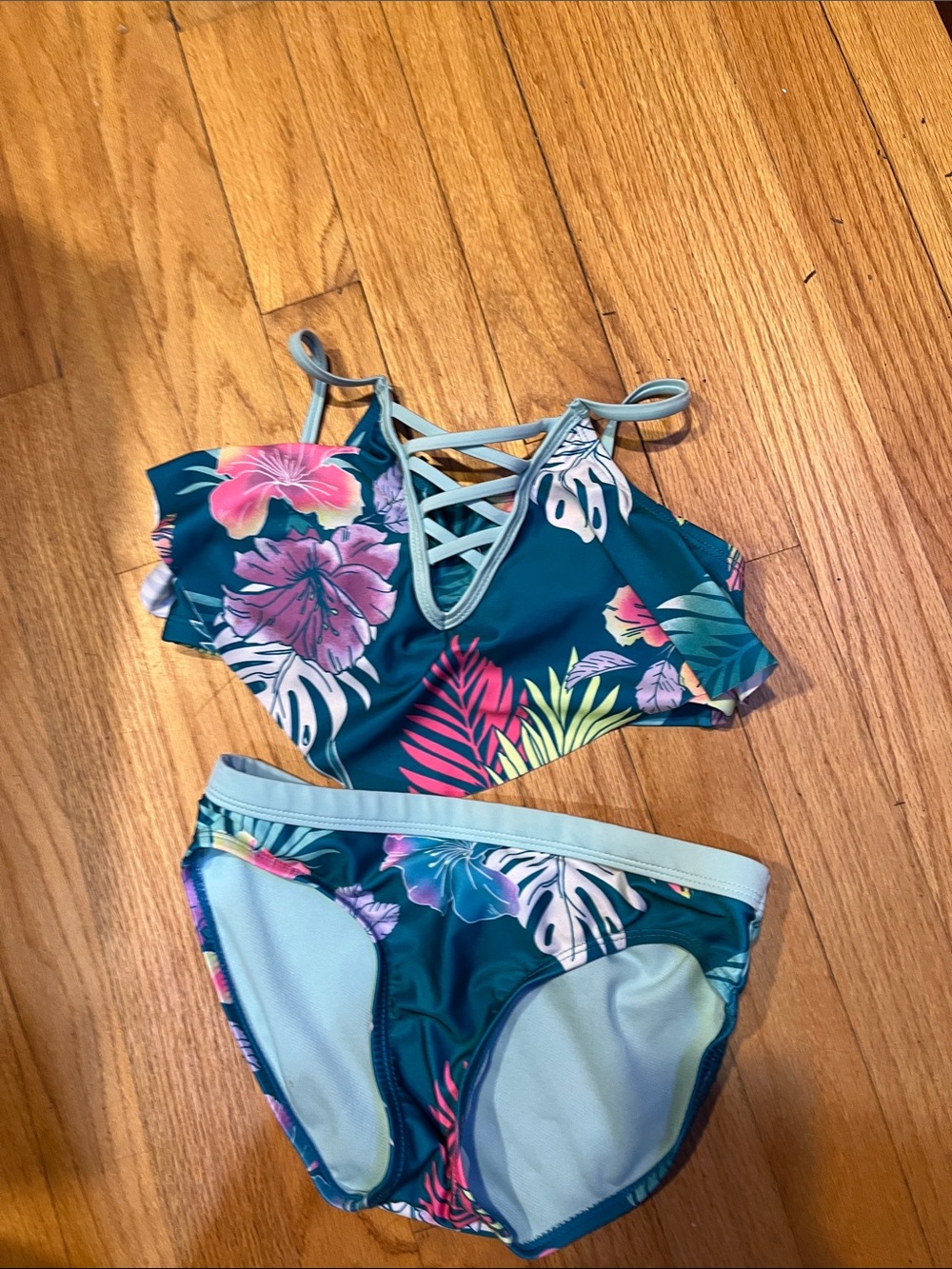 Tropical Floral Two-Piece Bikini Set - Teal Pink Lime